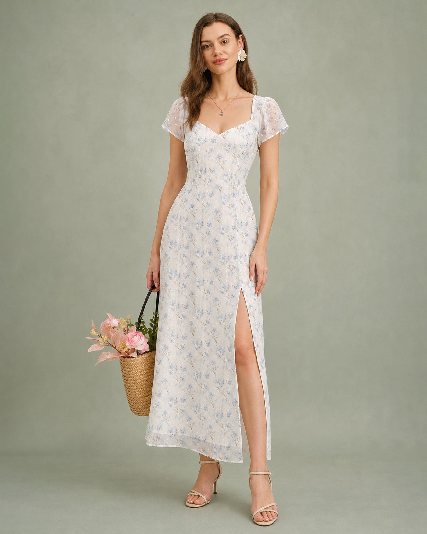 Blue Sweetheart Neck Floral Slit Maxi Dress