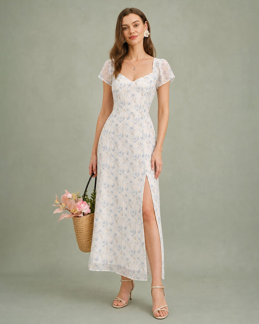 Blue Sweetheart Neck Floral Slit Maxi Dress
