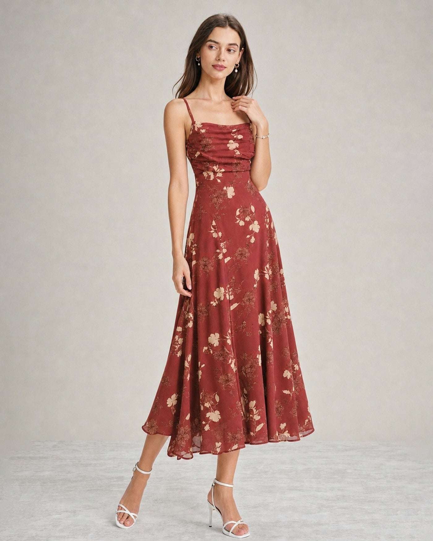 Red Square Neck X Cross Floral Maxi Dress