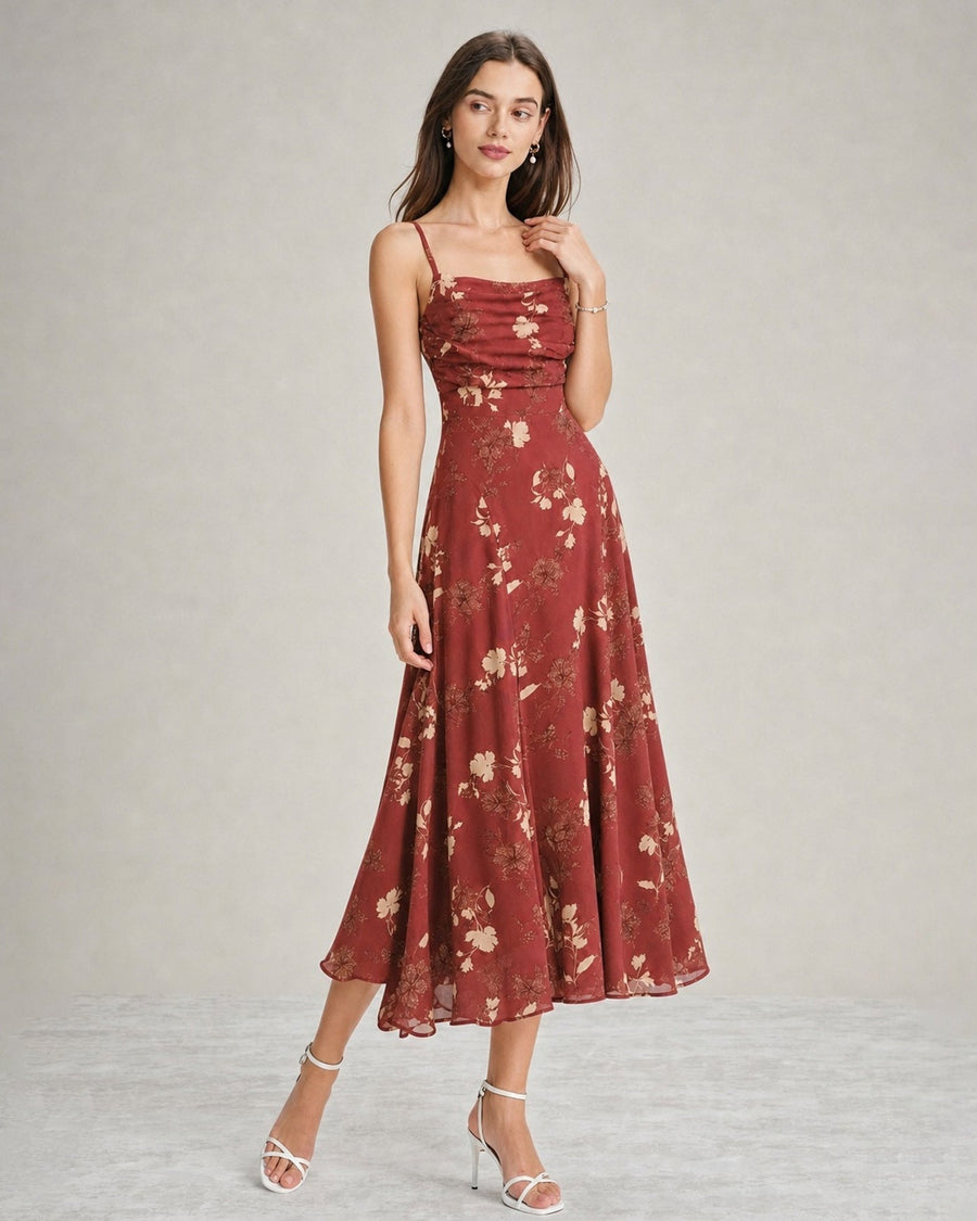 Red Square Neck X Cross Floral Maxi Dress