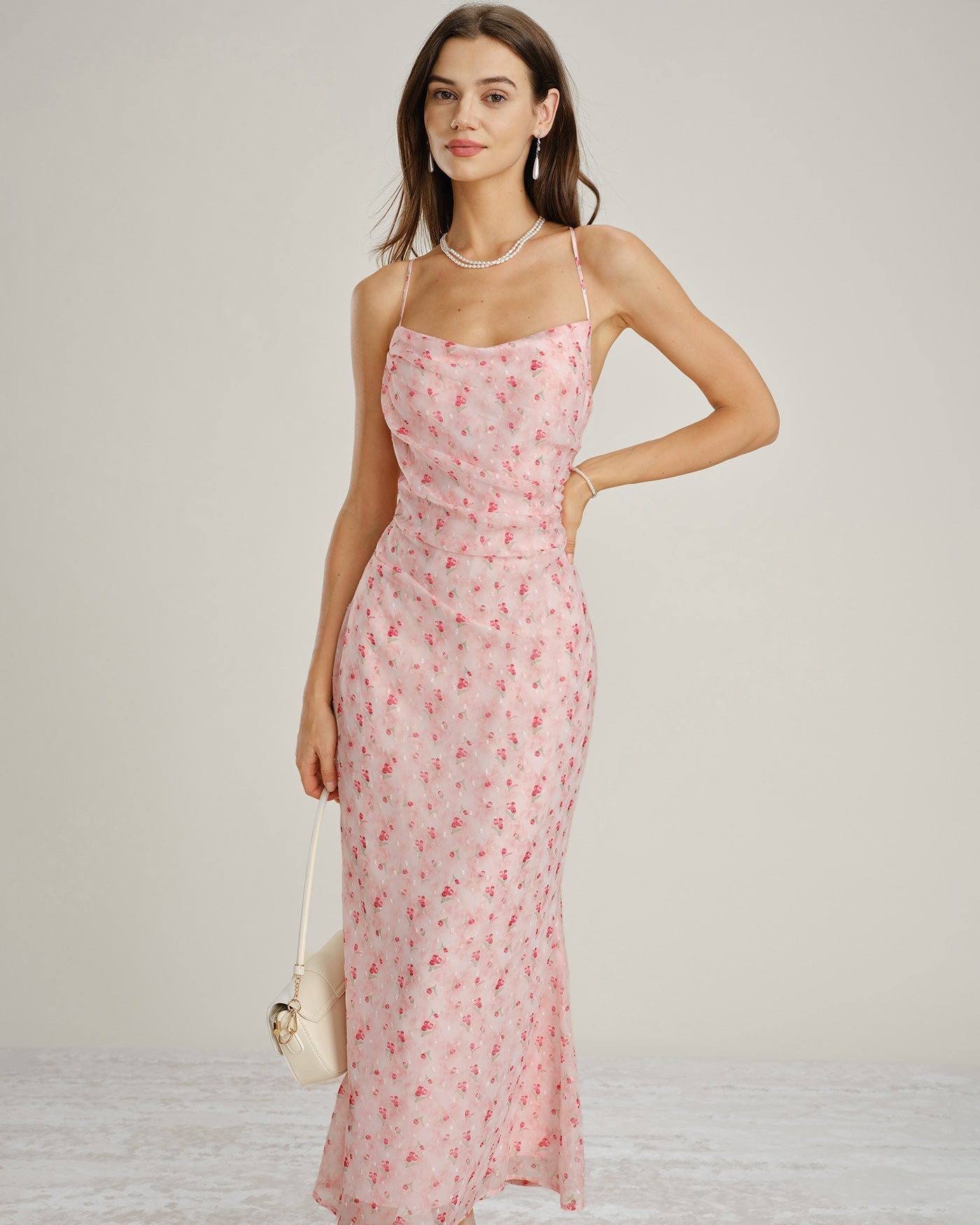 Pink Cowl Neck Floral Slip Maxi Dress