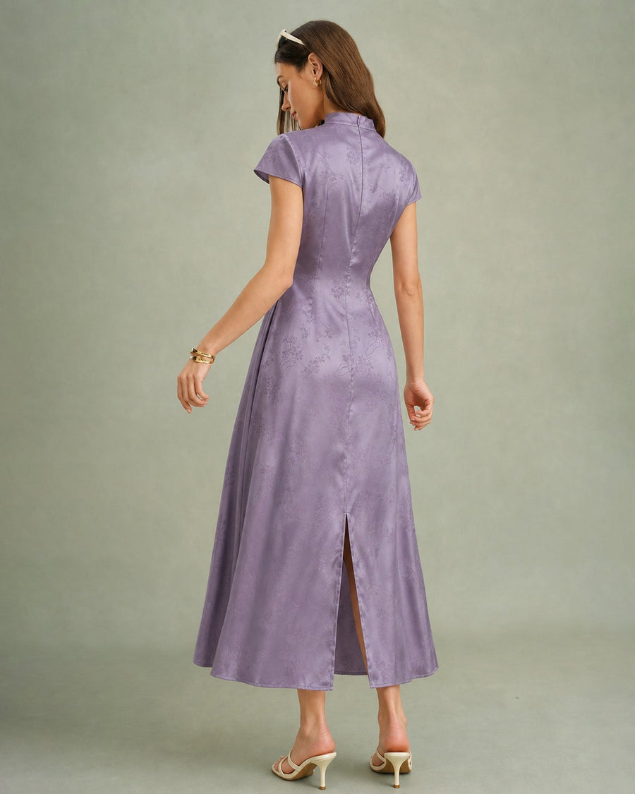 Purple Mandarin Collar Slit Satin Maxi Dress