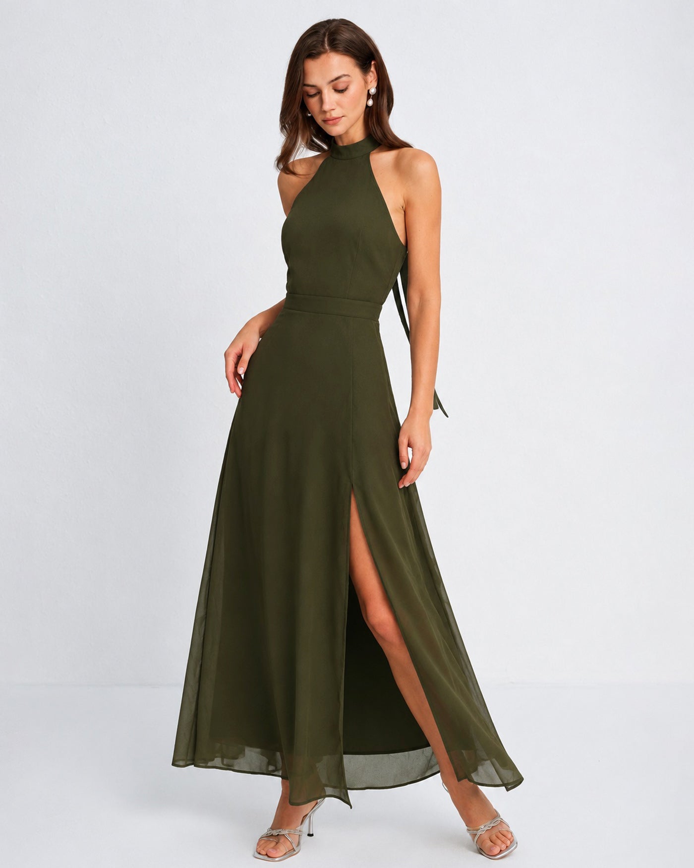 Green Mock Neck Slit Chiffon Maxi Dress