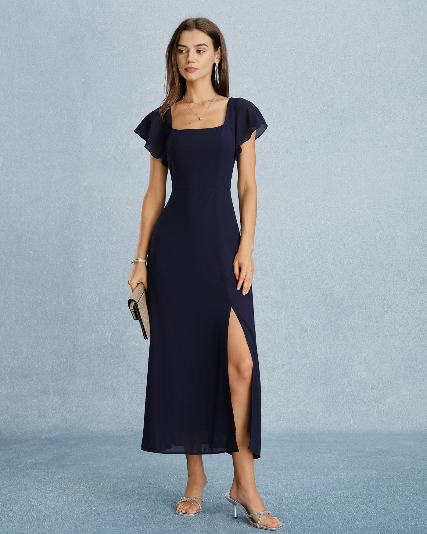Navy Square Neck Slit Chiffon Maxi Dress