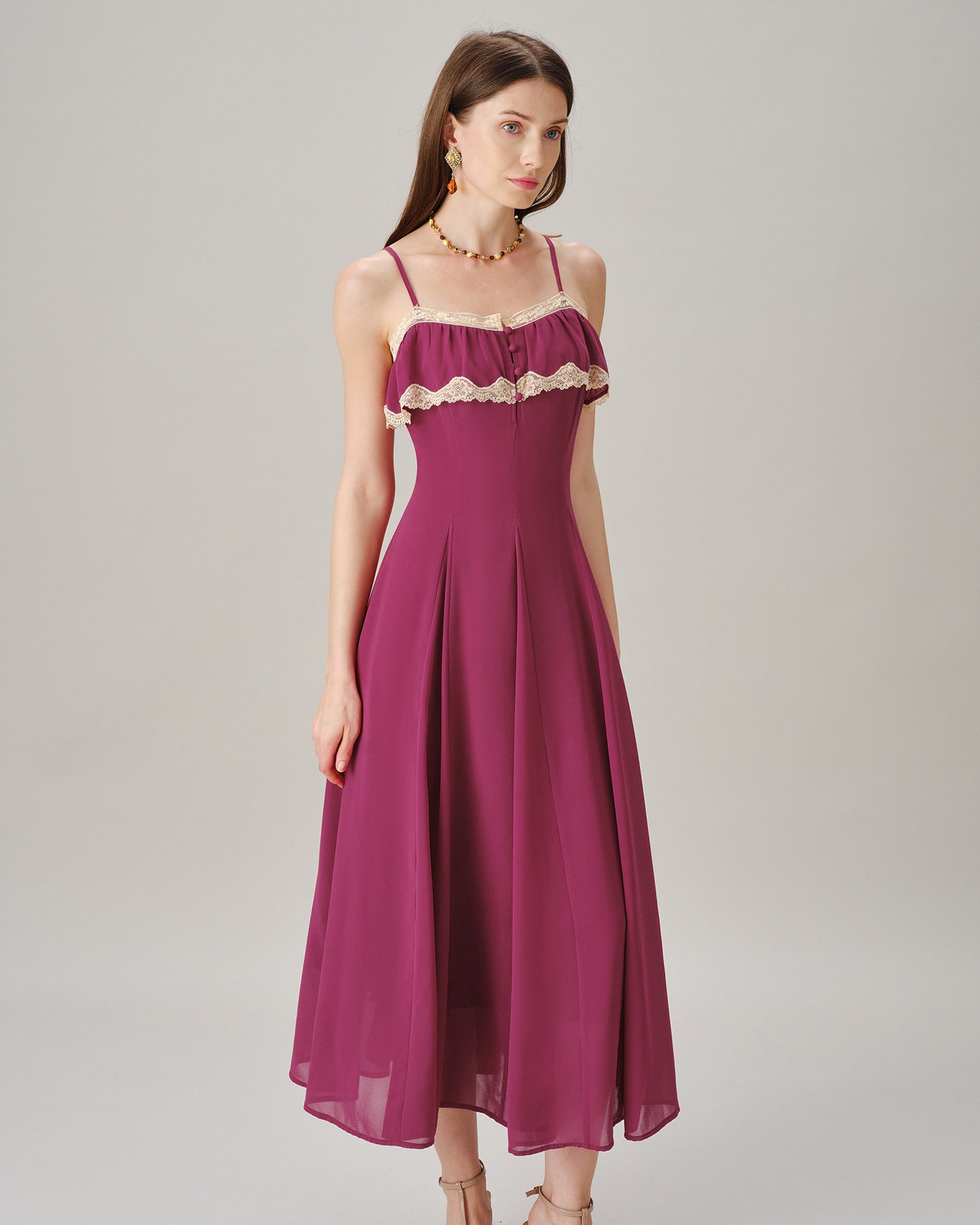 Pink Lace Button Slip Chiffon Maxi Dress
