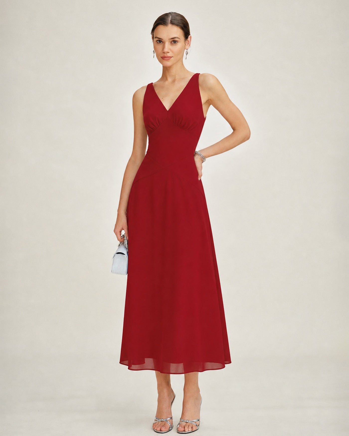Red V Neck Sleeveless Chiffon Maxi Dress