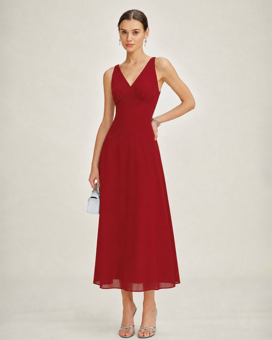 Red V Neck Sleeveless Chiffon Maxi Dress