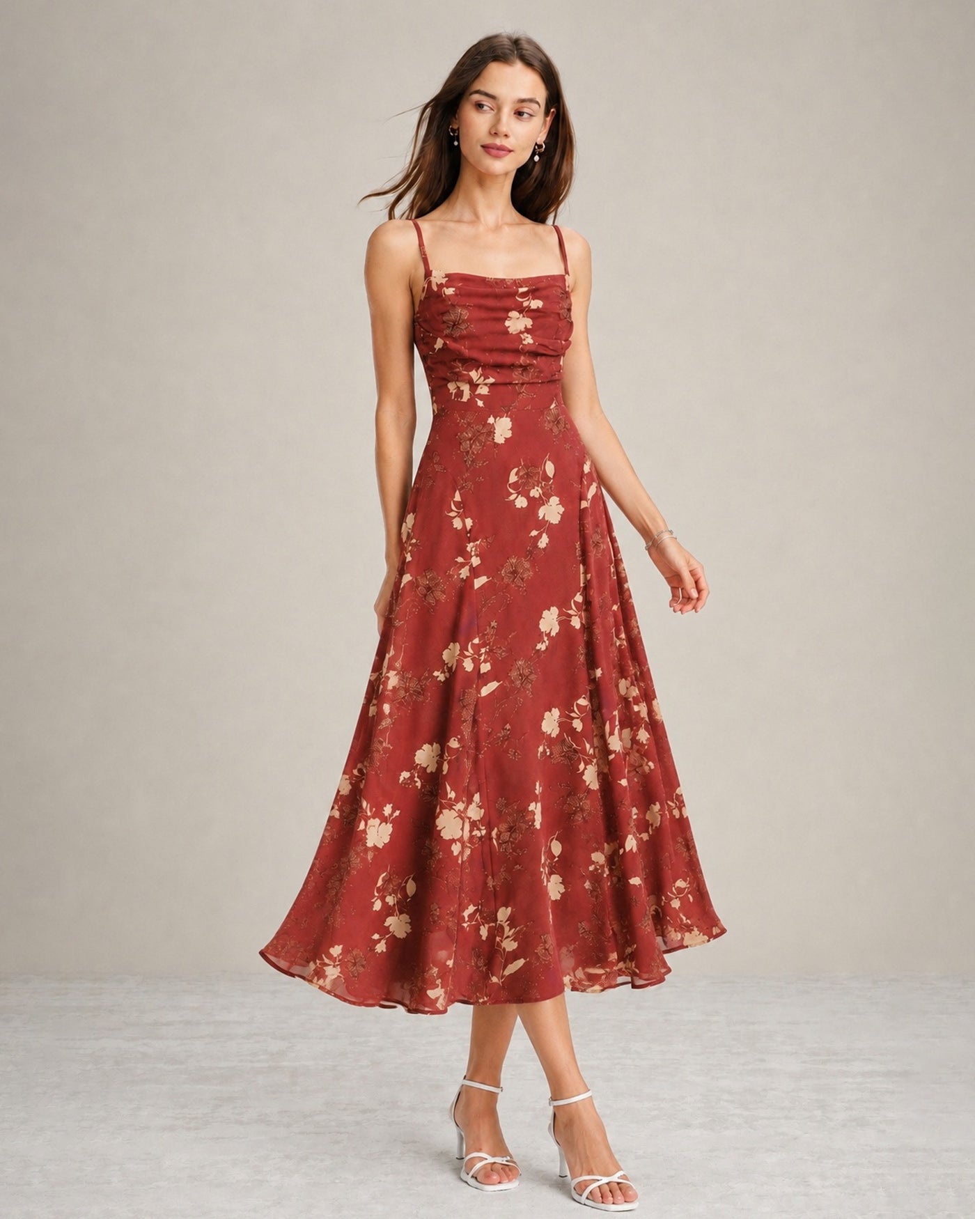 Red Square Neck X Cross Floral Maxi Dress
