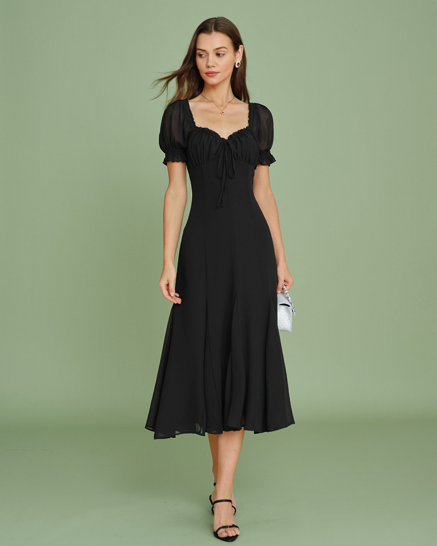 Black V Neck Puffed Sleeve Midi Dress