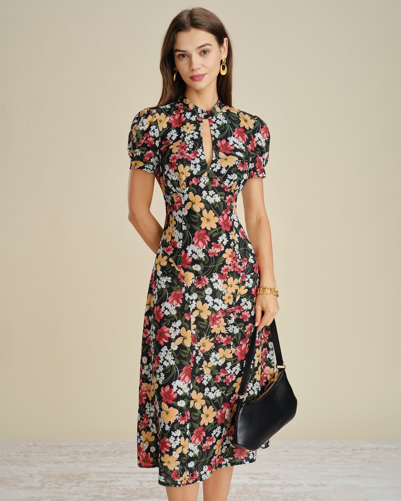 Black Turtle Puffed Sleeve Floral Midi Dress