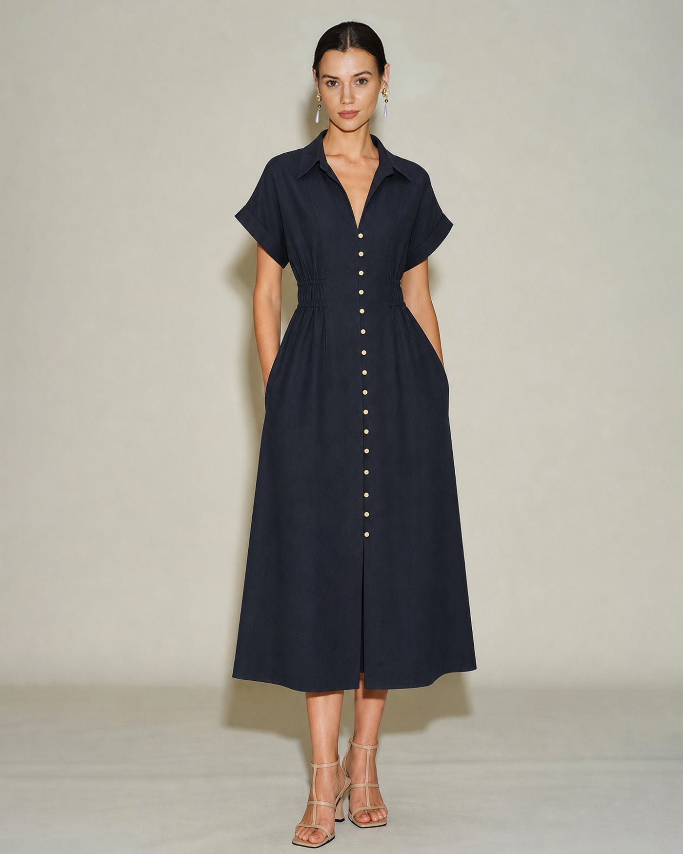 Black V Neck Drop Shoulder Midi Dress