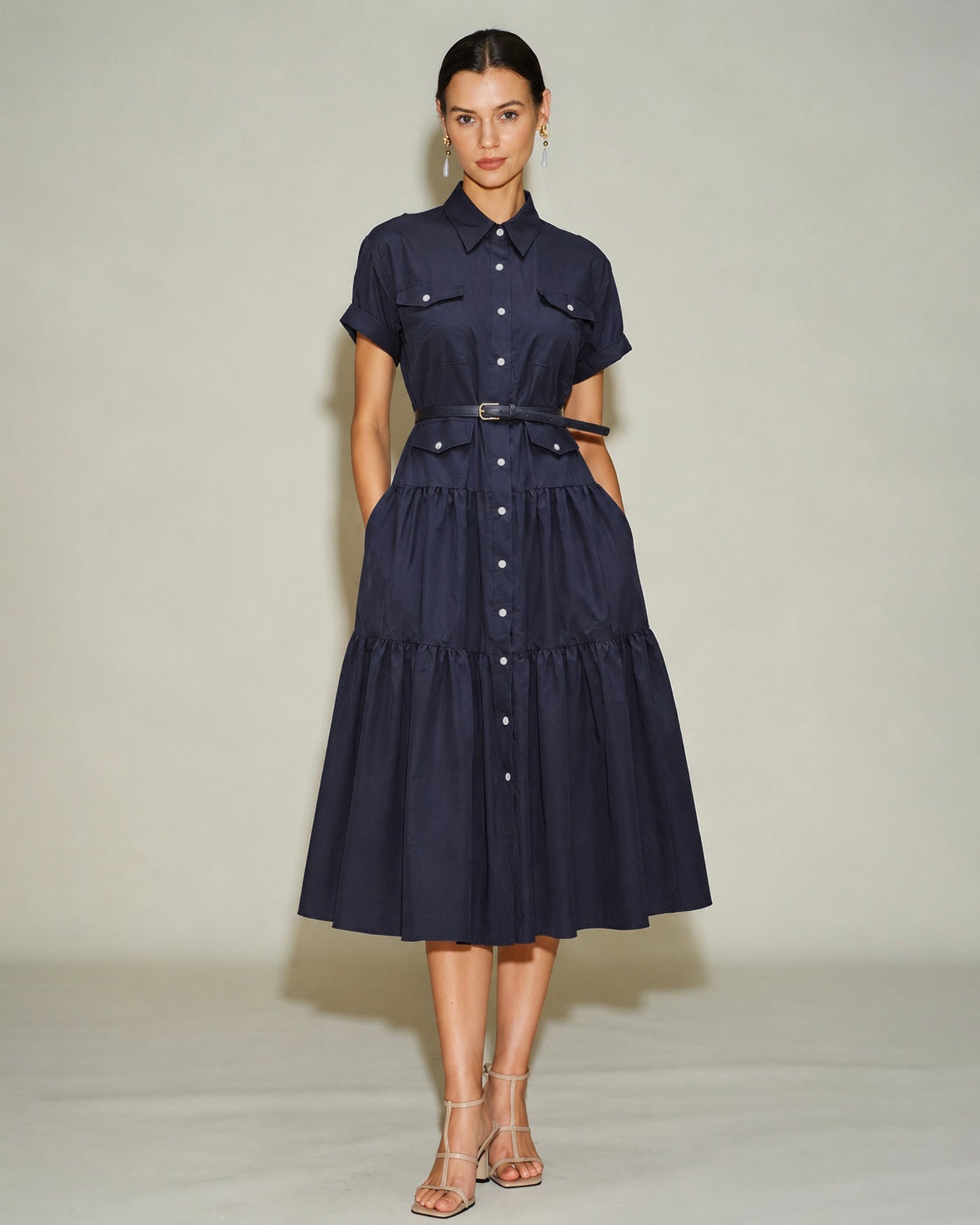 Blue Collar Pockets Button Tunic Midi Dress