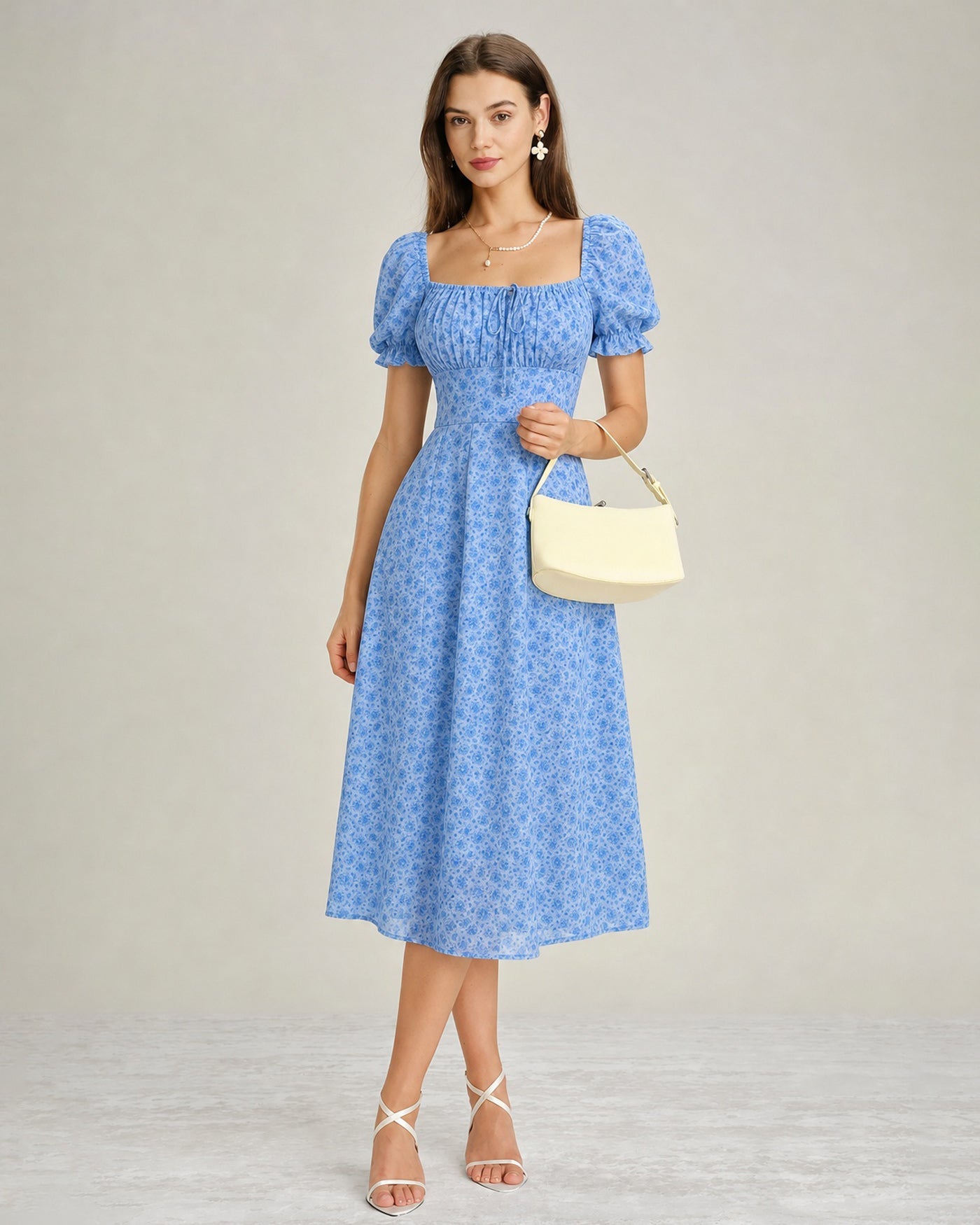 Blue Square Neck Floral Chiffon Midi Dress