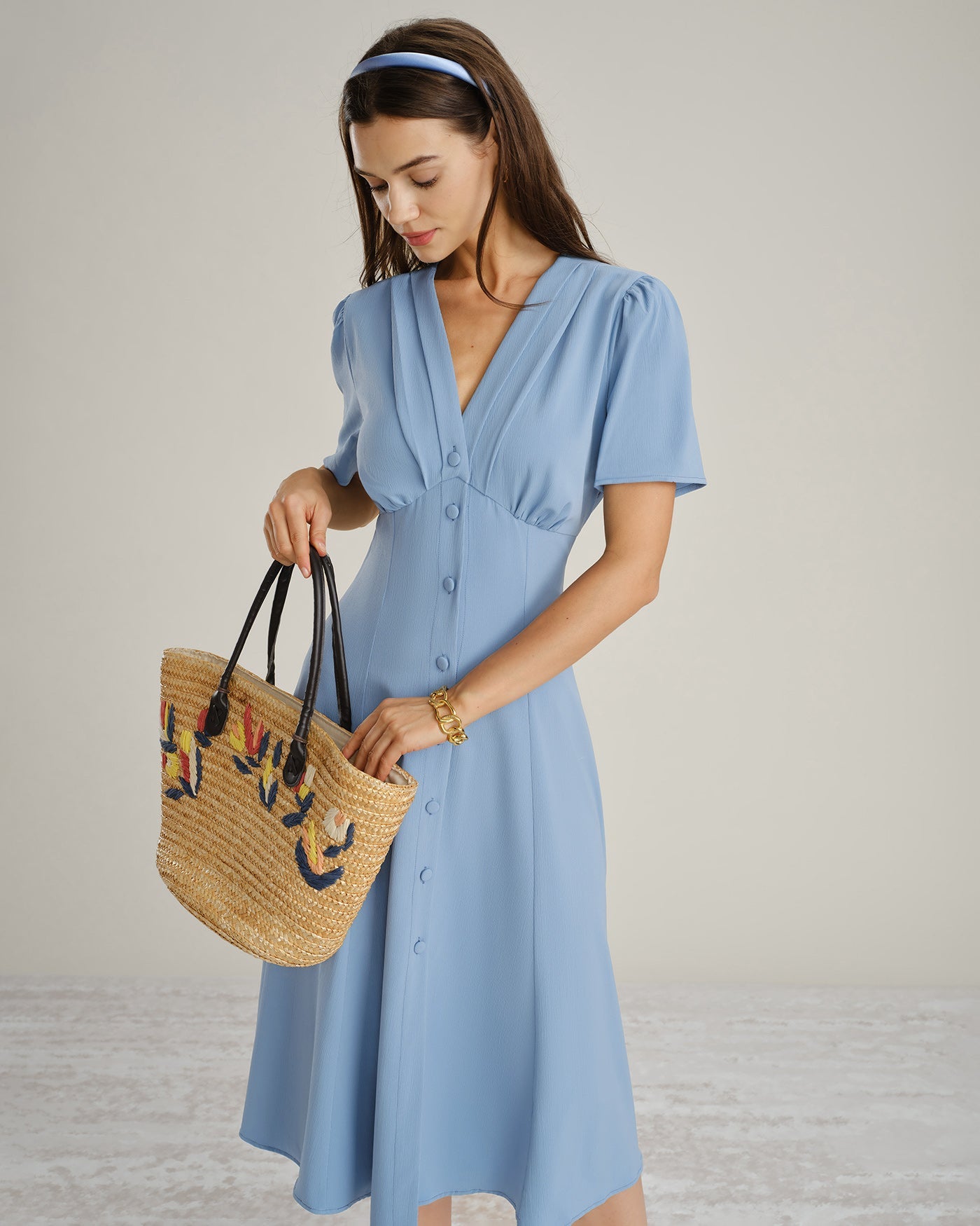 Blue V Neck Ruched Button Midi Dress