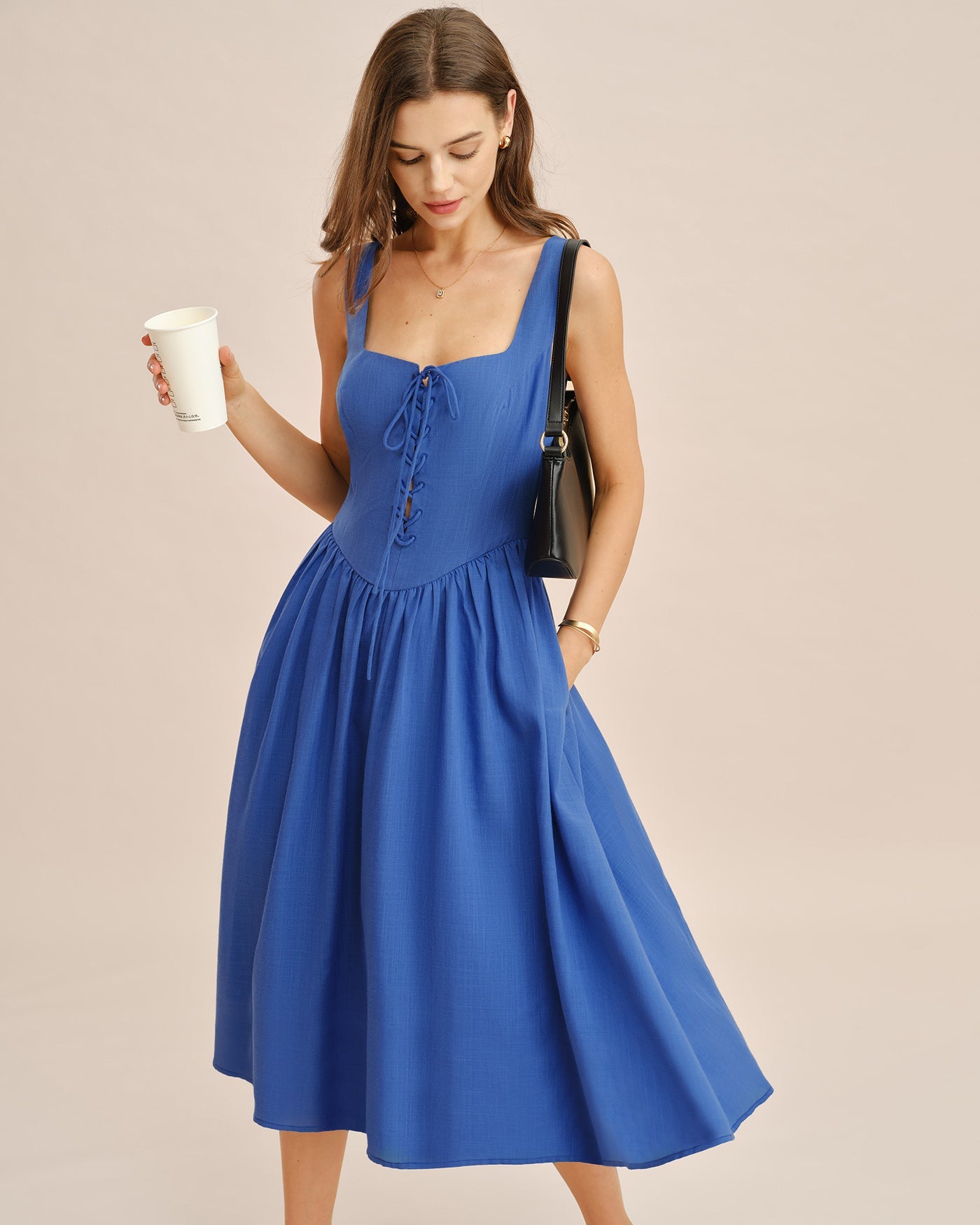 Blue Square Neck Tie Pockets Midi Dress