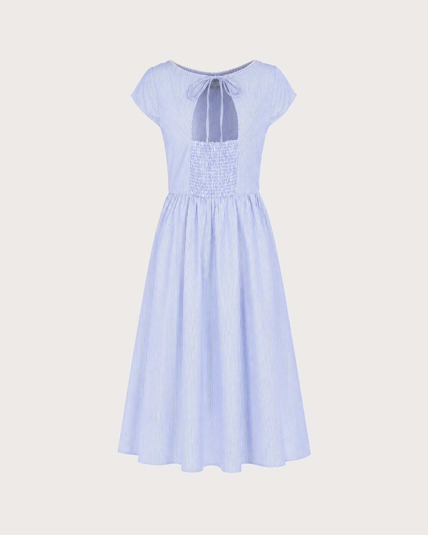 Blue Boat Neck Shirred Midi Dress