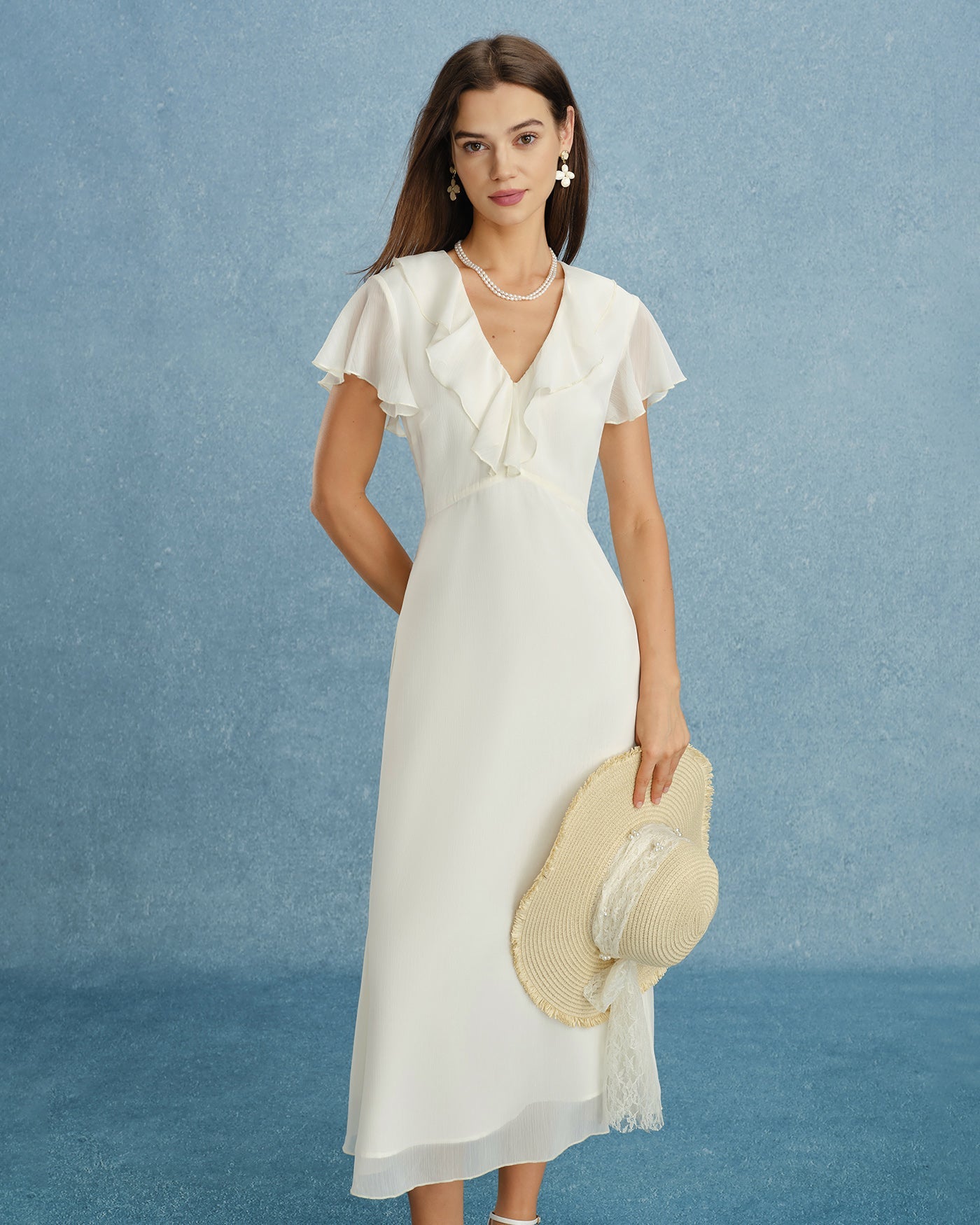 Apricot V Neck Ruffle Chiffon Midi Dress
