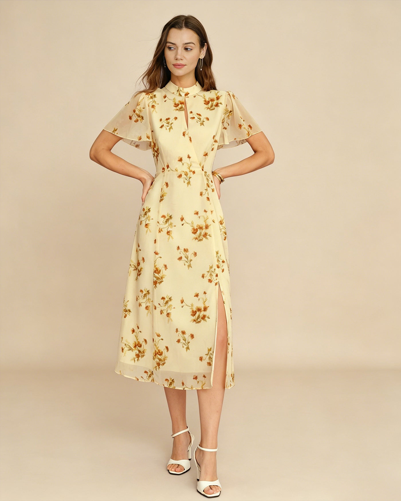 Yellow Turtle Butterfly Sleeve Floral Midi Dress