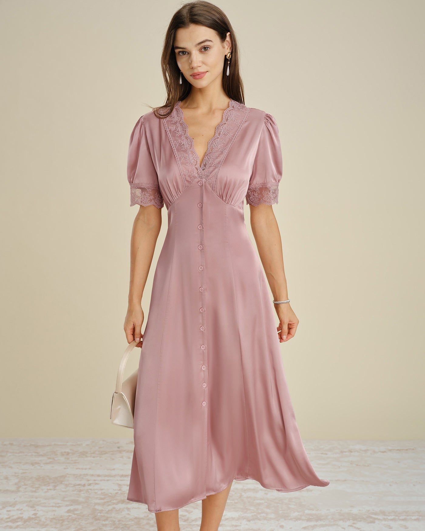 Pink Lace Splicing Satin Midi Dress