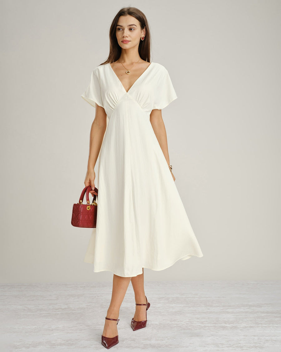 Apricot V Neck Cowl Sleeve Midi Dress