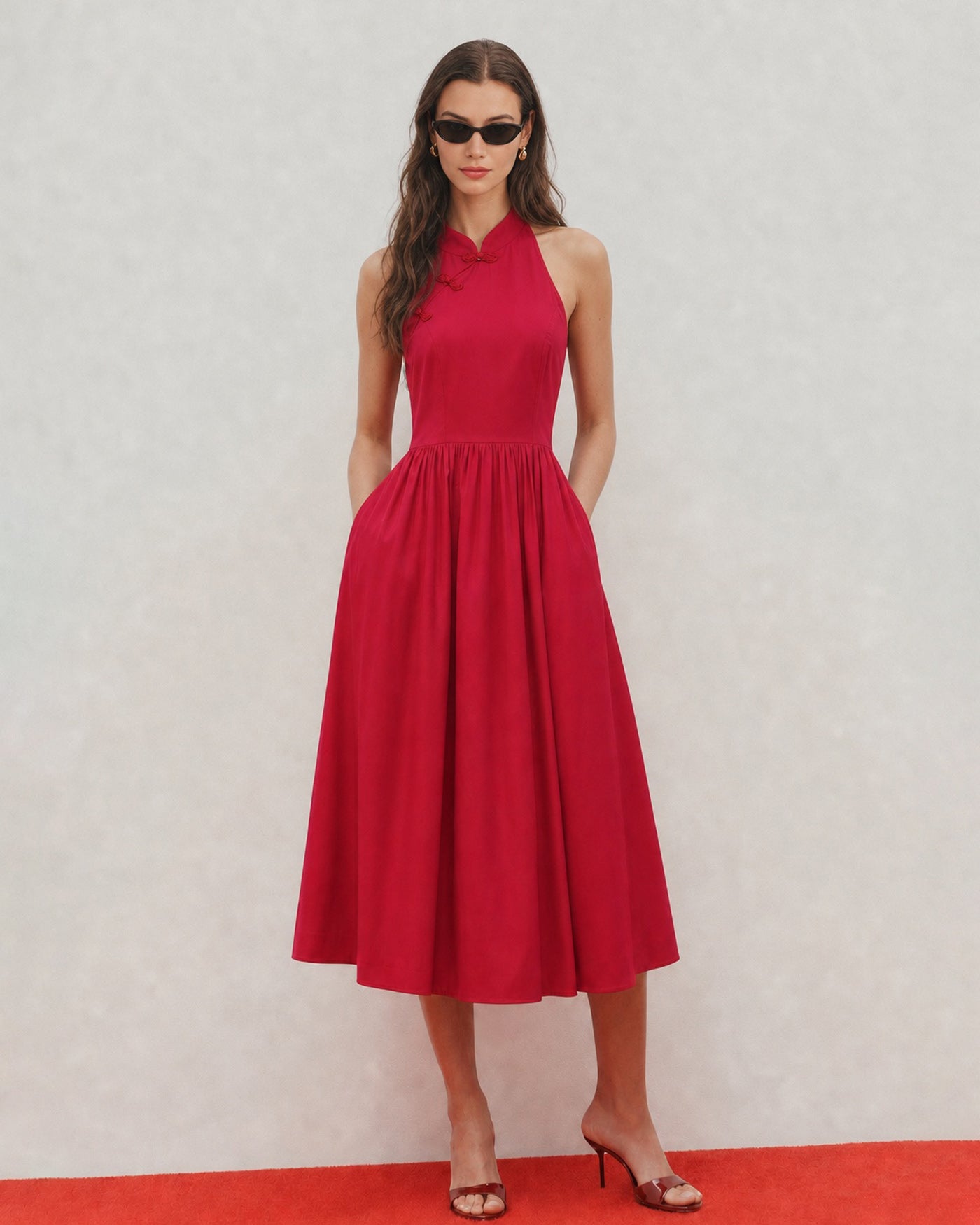 Red Mandarin Collar Pockets Midi Dress