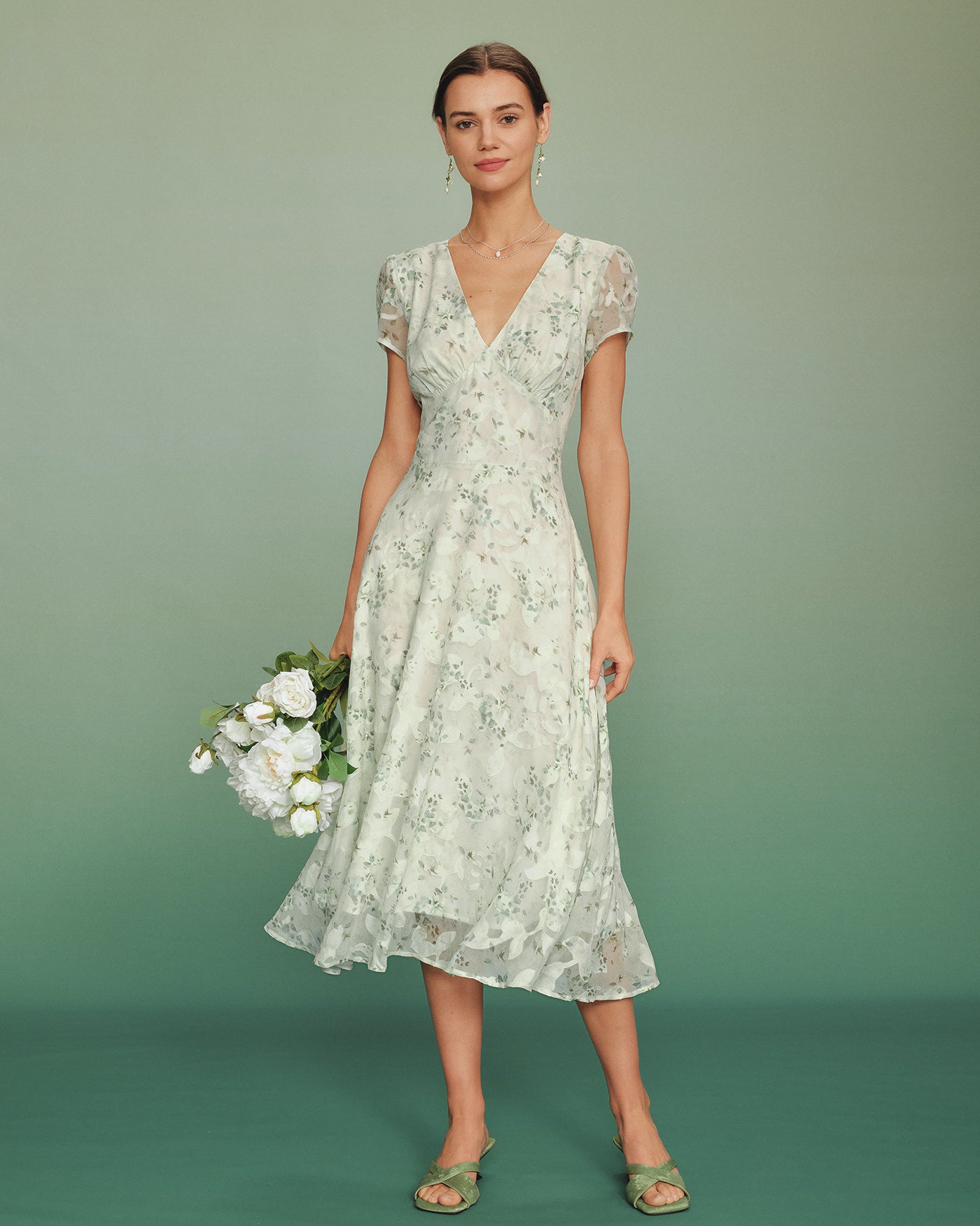 Green Puffed Sleeve Floral Tunic Midi Dress