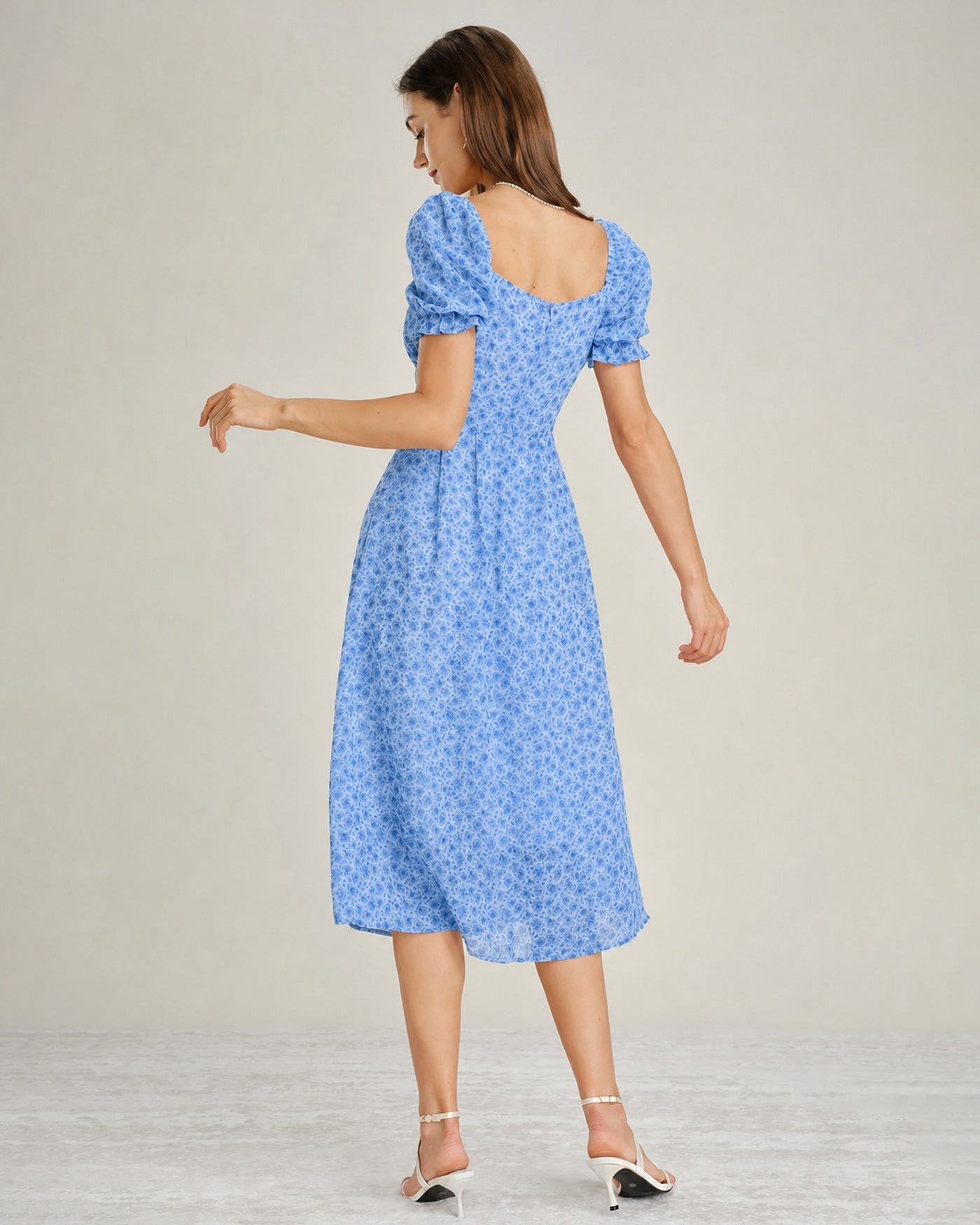 Blue Square Neck Floral Chiffon Midi Dress