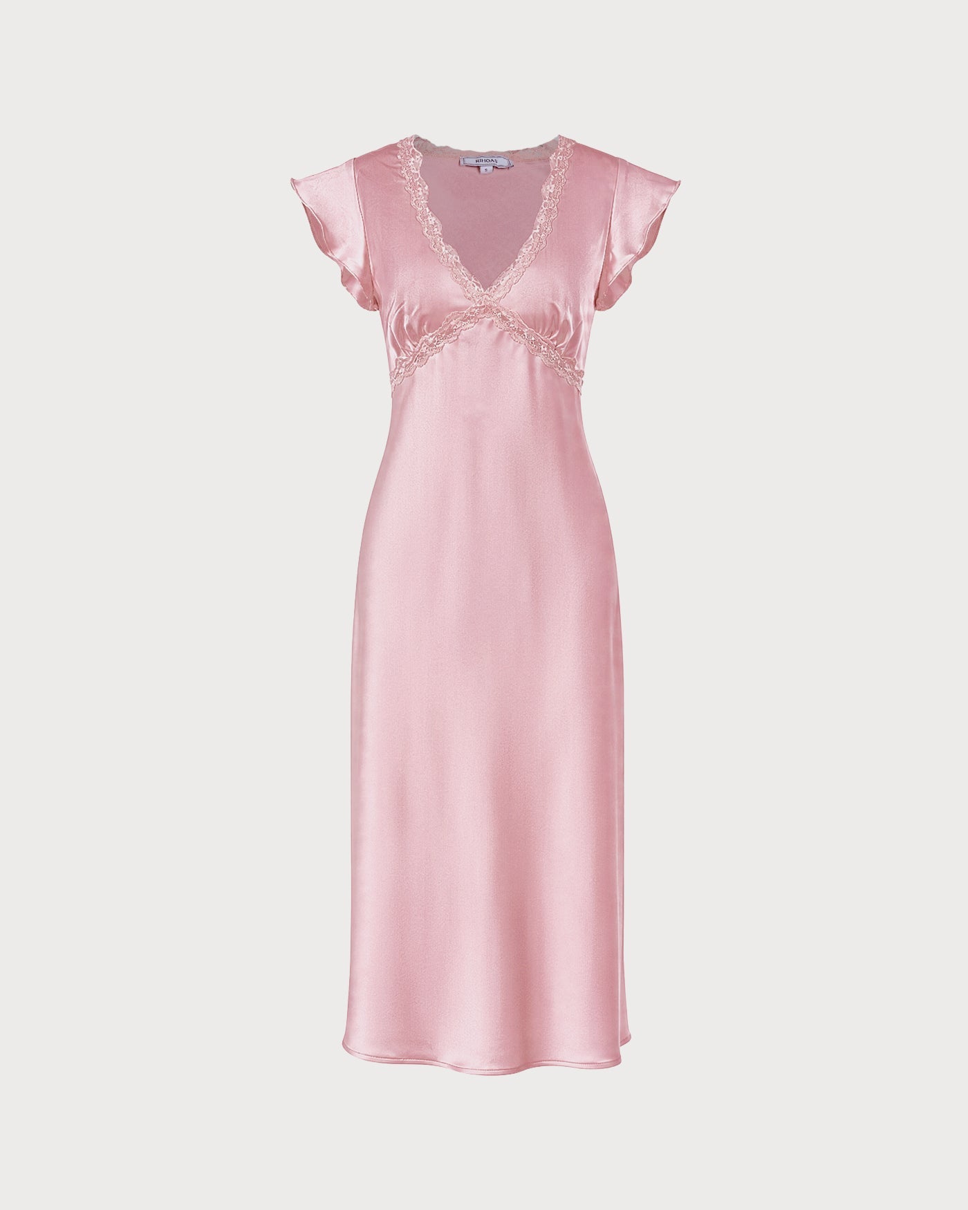 Pink V Neck Lace Satin Midi Dress