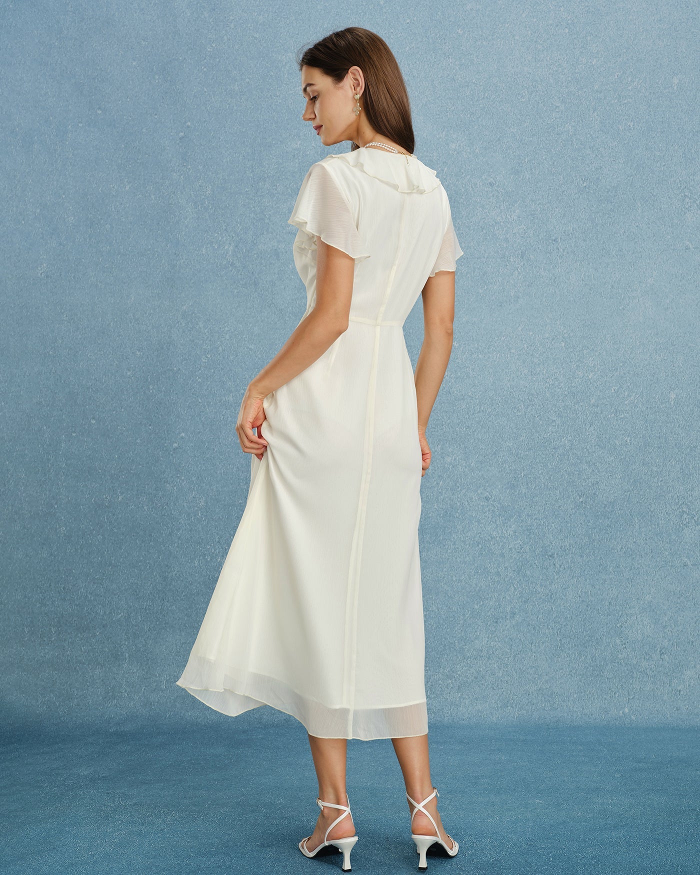 Apricot V Neck Ruffle Chiffon Midi Dress
