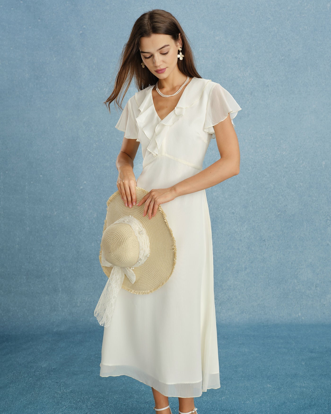 Apricot V Neck Ruffle Chiffon Midi Dress
