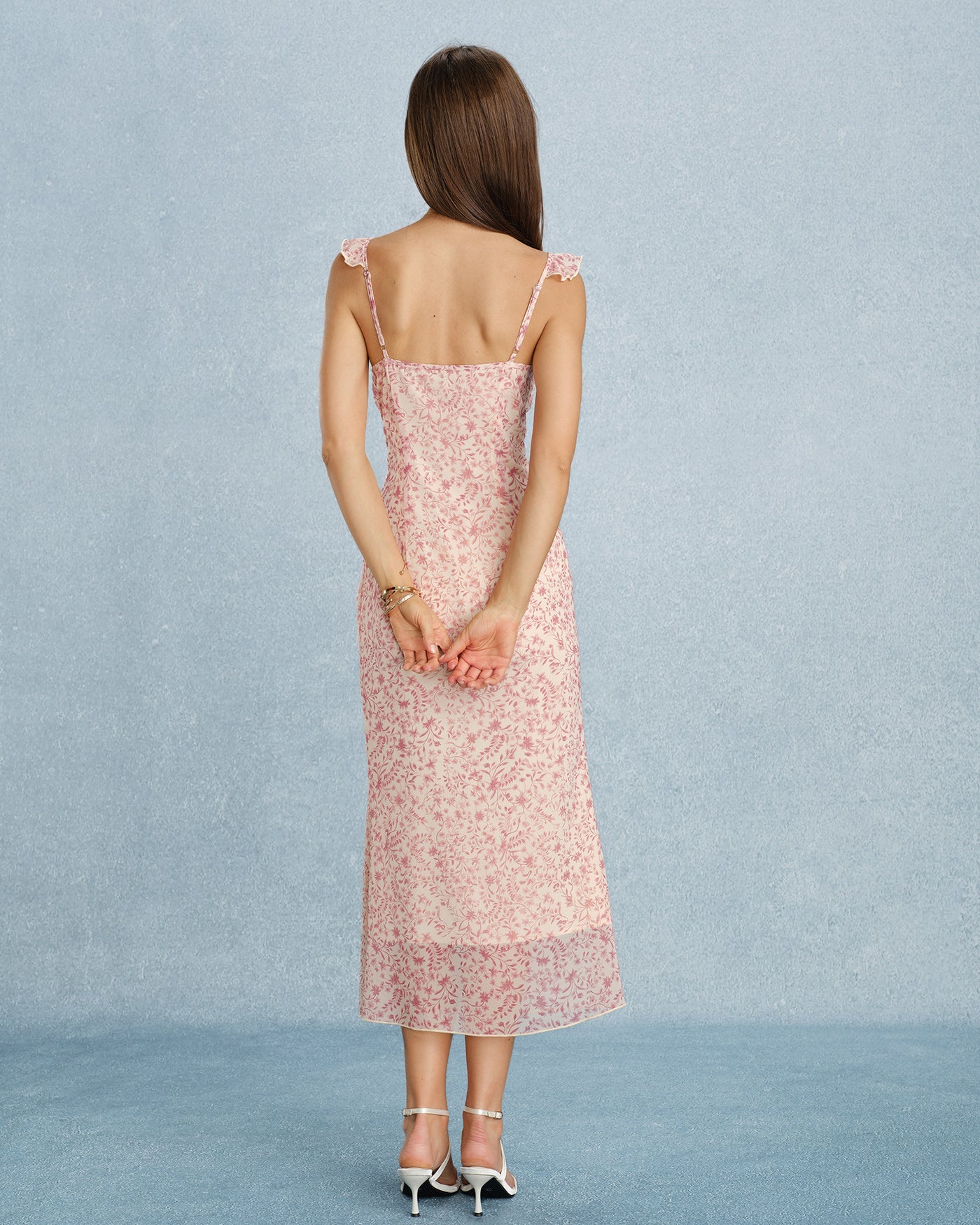 Pink V Neck Tie Ruffle Midi Dress