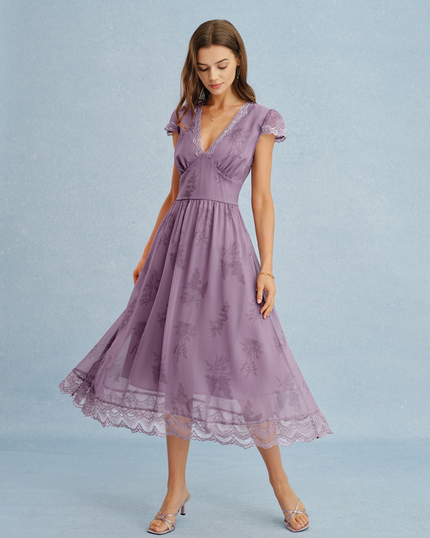 Purple V Neck Lace Splicing Midi Dress