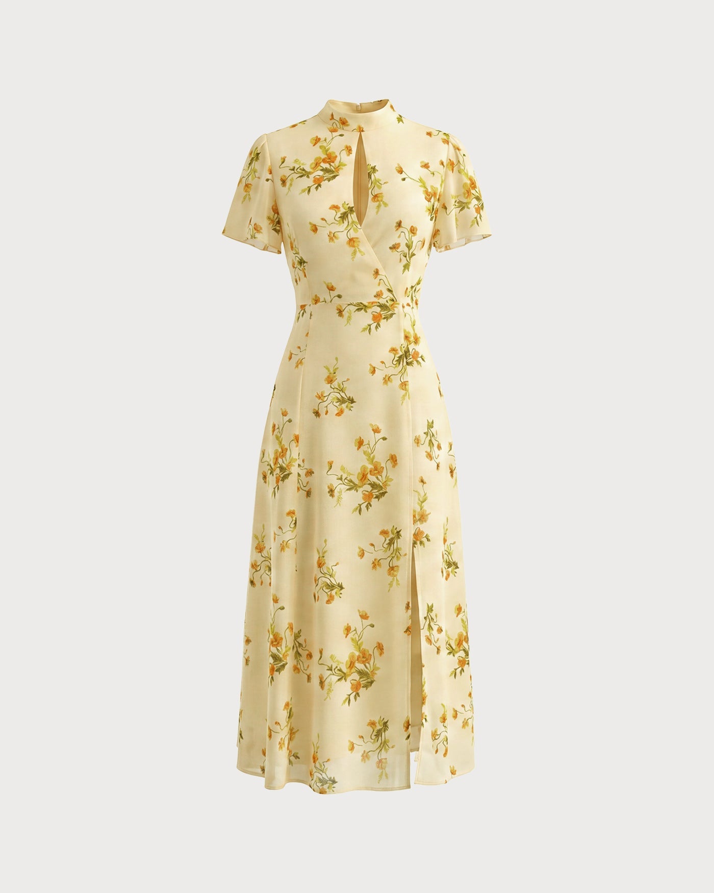 Yellow Turtle Butterfly Sleeve Floral Midi Dress