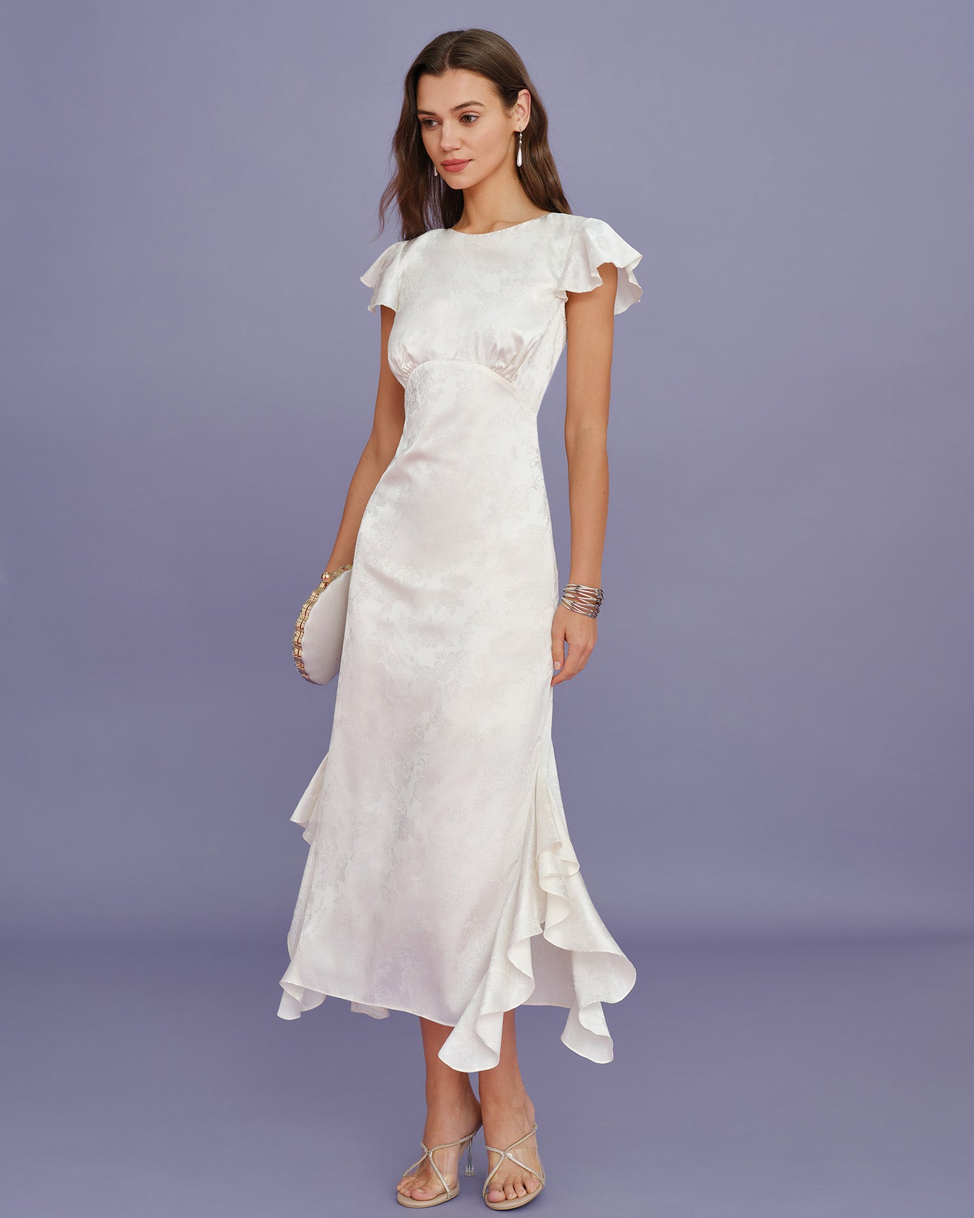 Beige Boat Neck Jacquard Ruffle Midi Dress