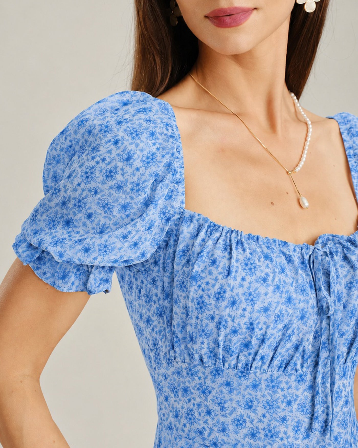 Blue Square Neck Floral Chiffon Midi Dress