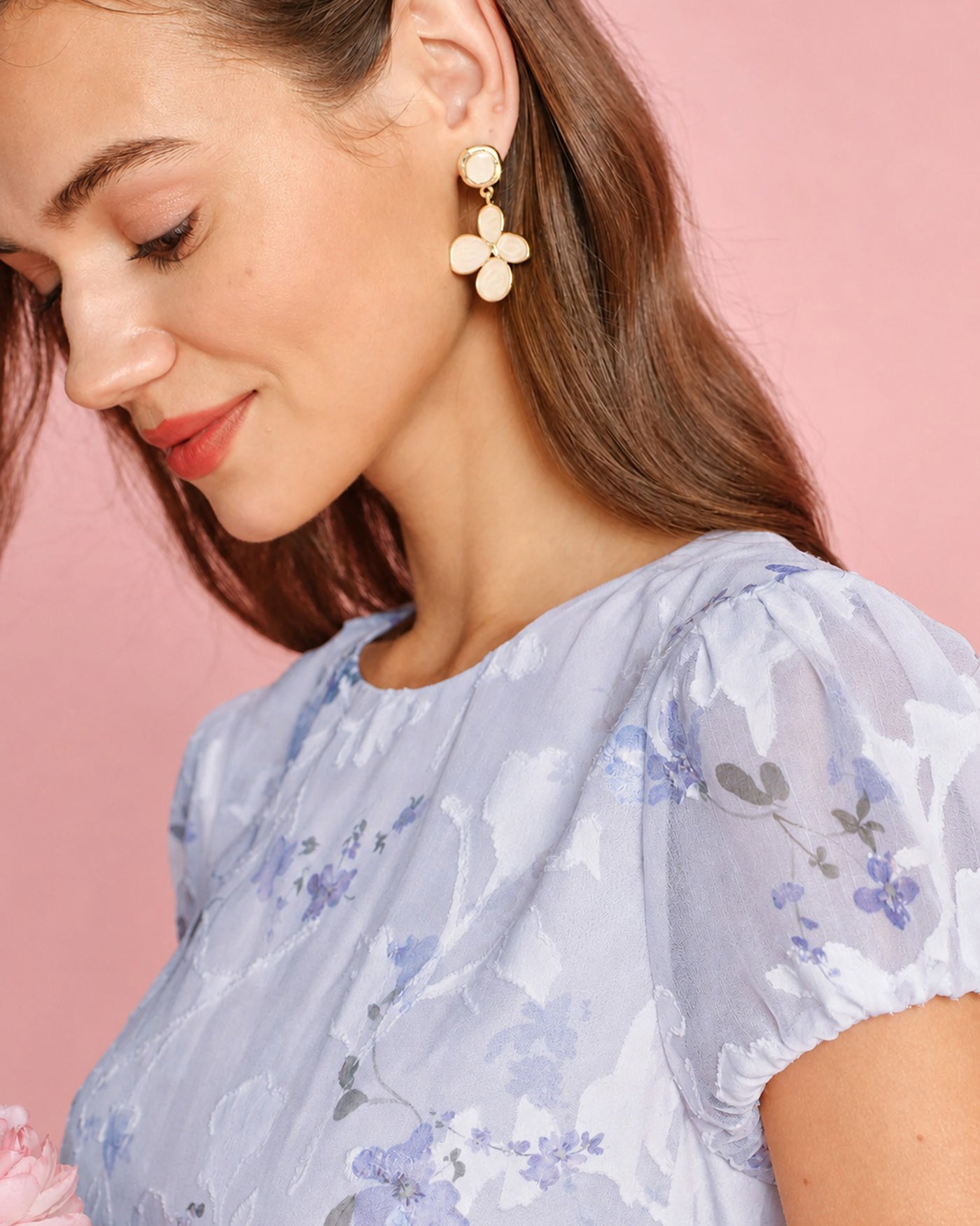 Purple Puffed Sleeve Jacquard Midi Dress