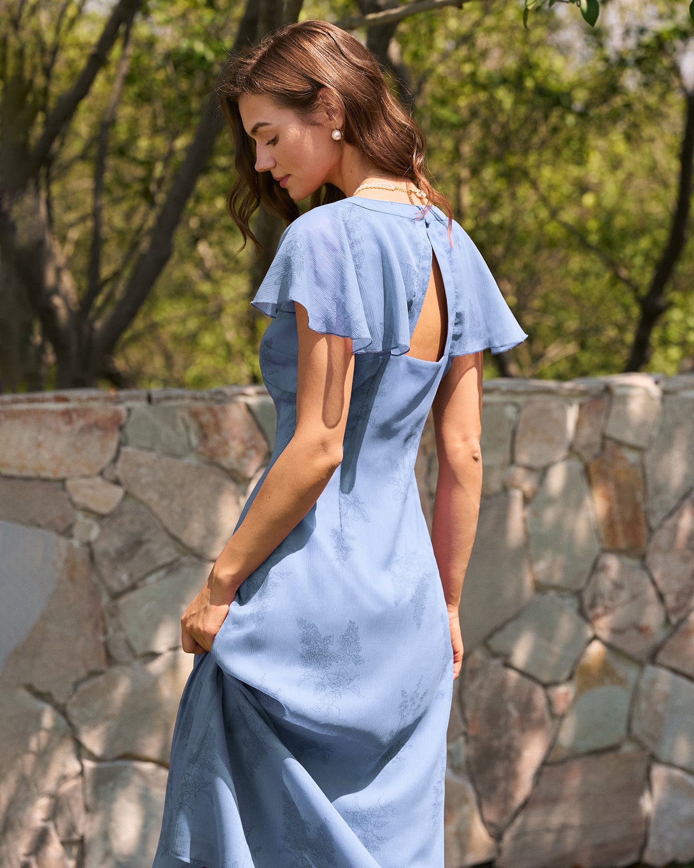 Blue Butterfly Sleeve Floral Midi Dress