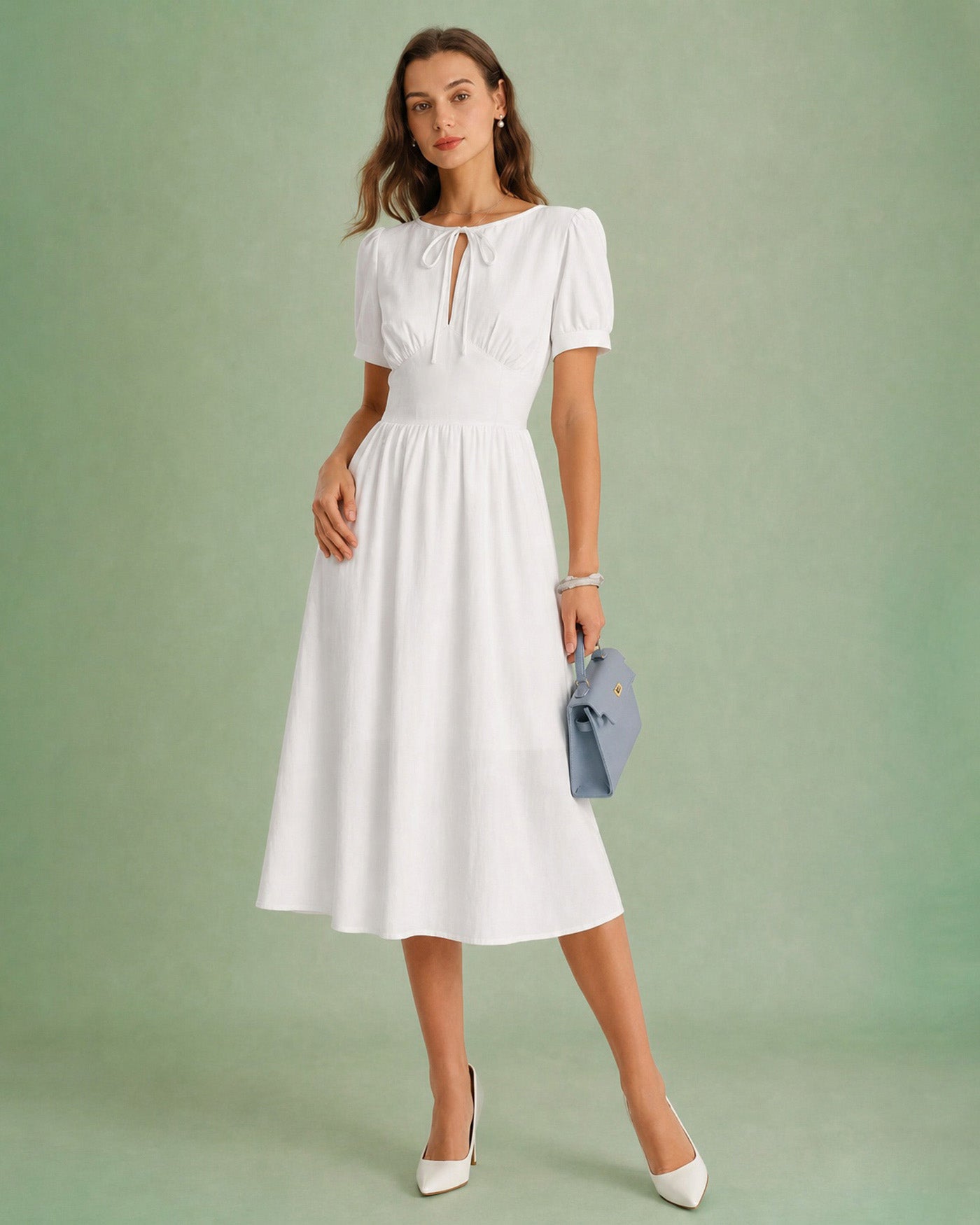 White Puffed Sleeve A-Line Midi Dress