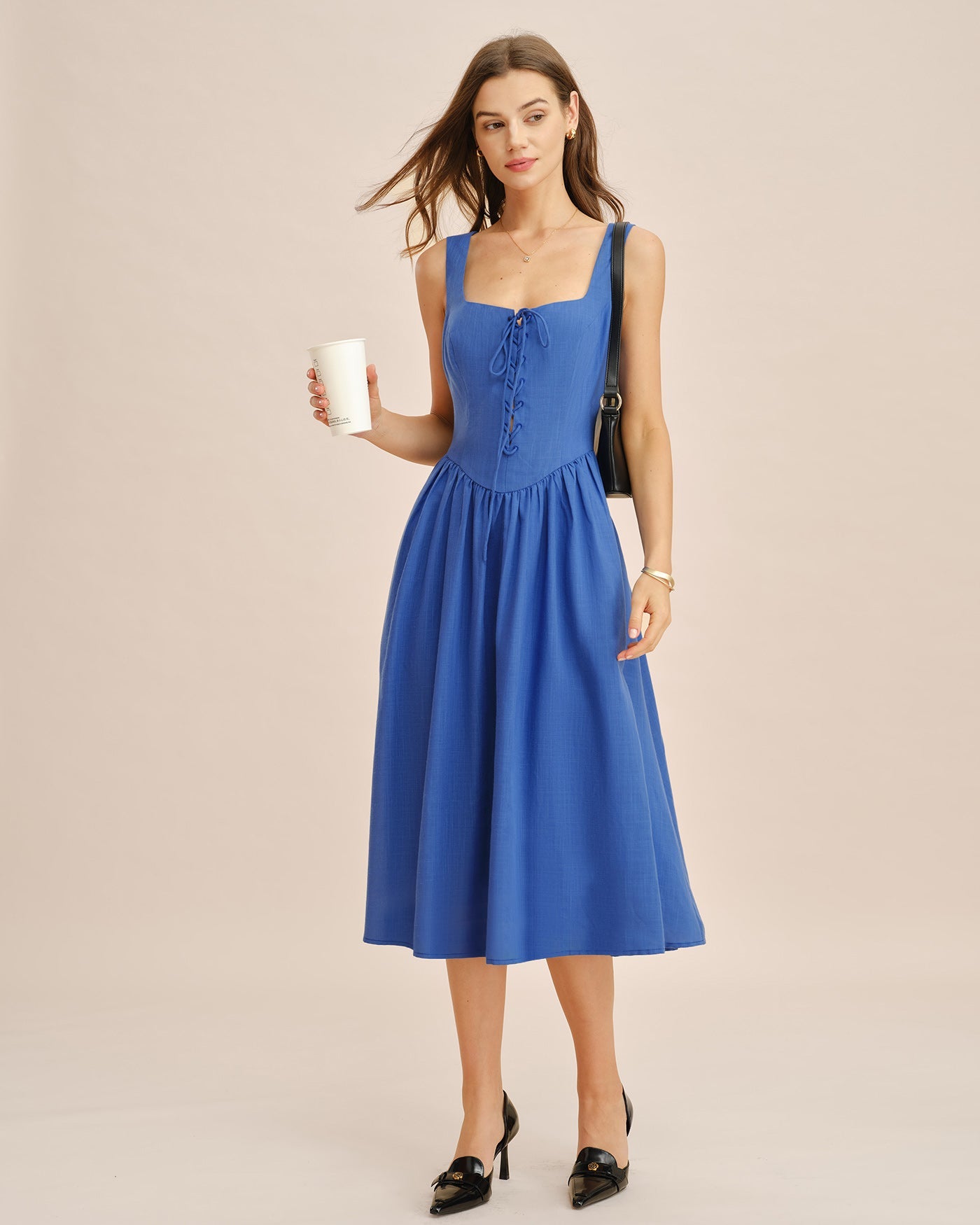 Blue Square Neck Tie Pockets Midi Dress