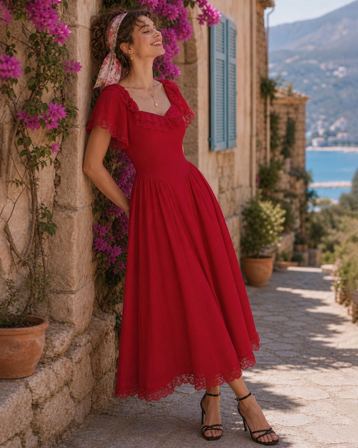 Red Sweetheart Neck Tie Lace Midi Dress