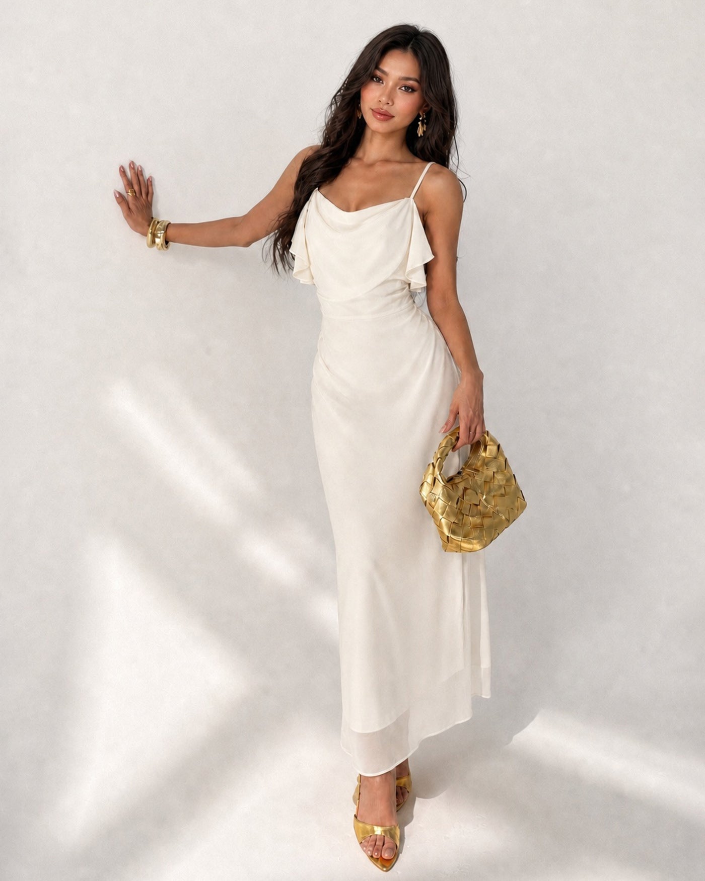 Apricot Ruffle Slip Chiffon Midi Dress