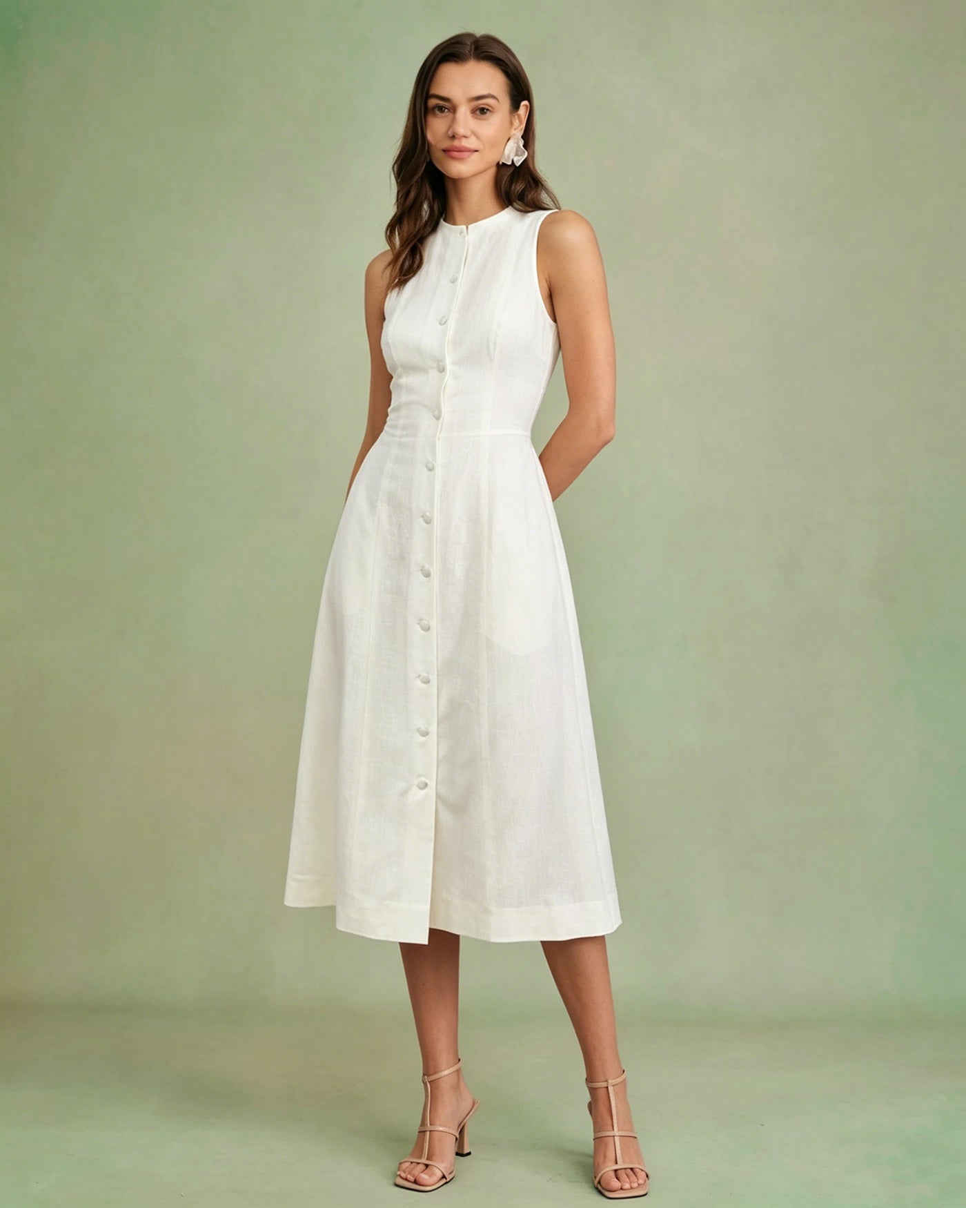 White Button Tie Tunic Midi Dress
