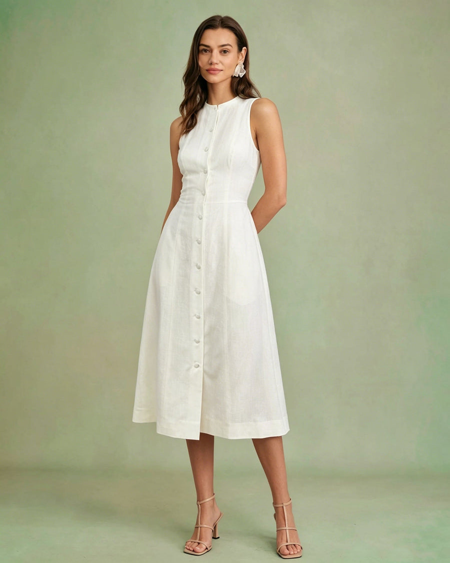 White Button Tie Tunic Midi Dress