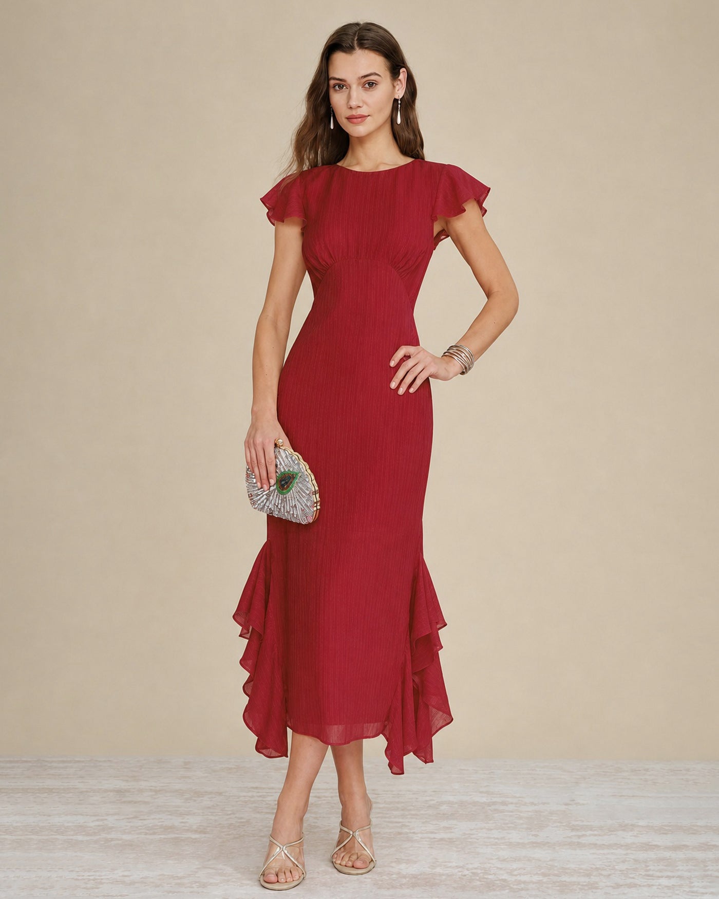 Red Solid Boat Neck Ruffle Midi Dress