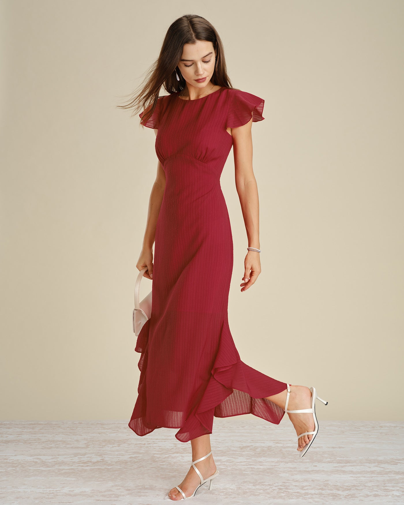 Red Solid Boat Neck Ruffle Midi Dress