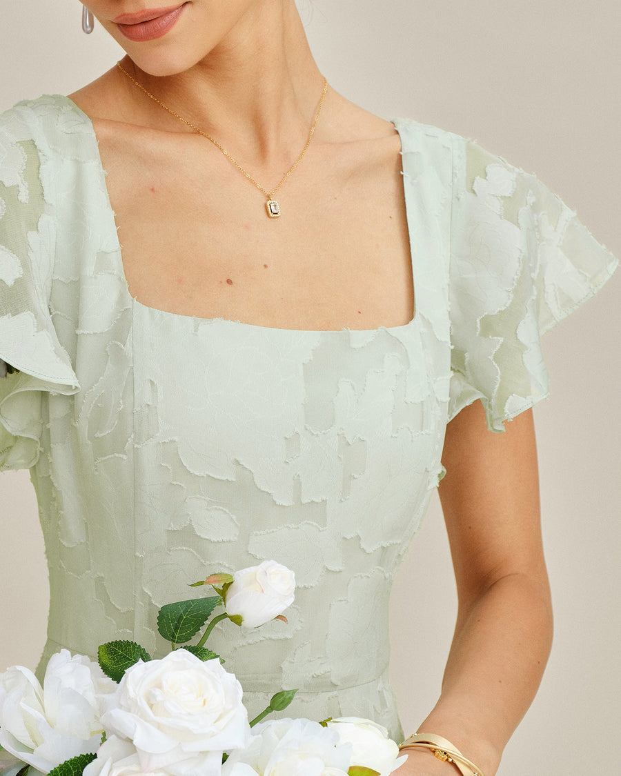 Green Square Neck Floral Textured Midi Dress