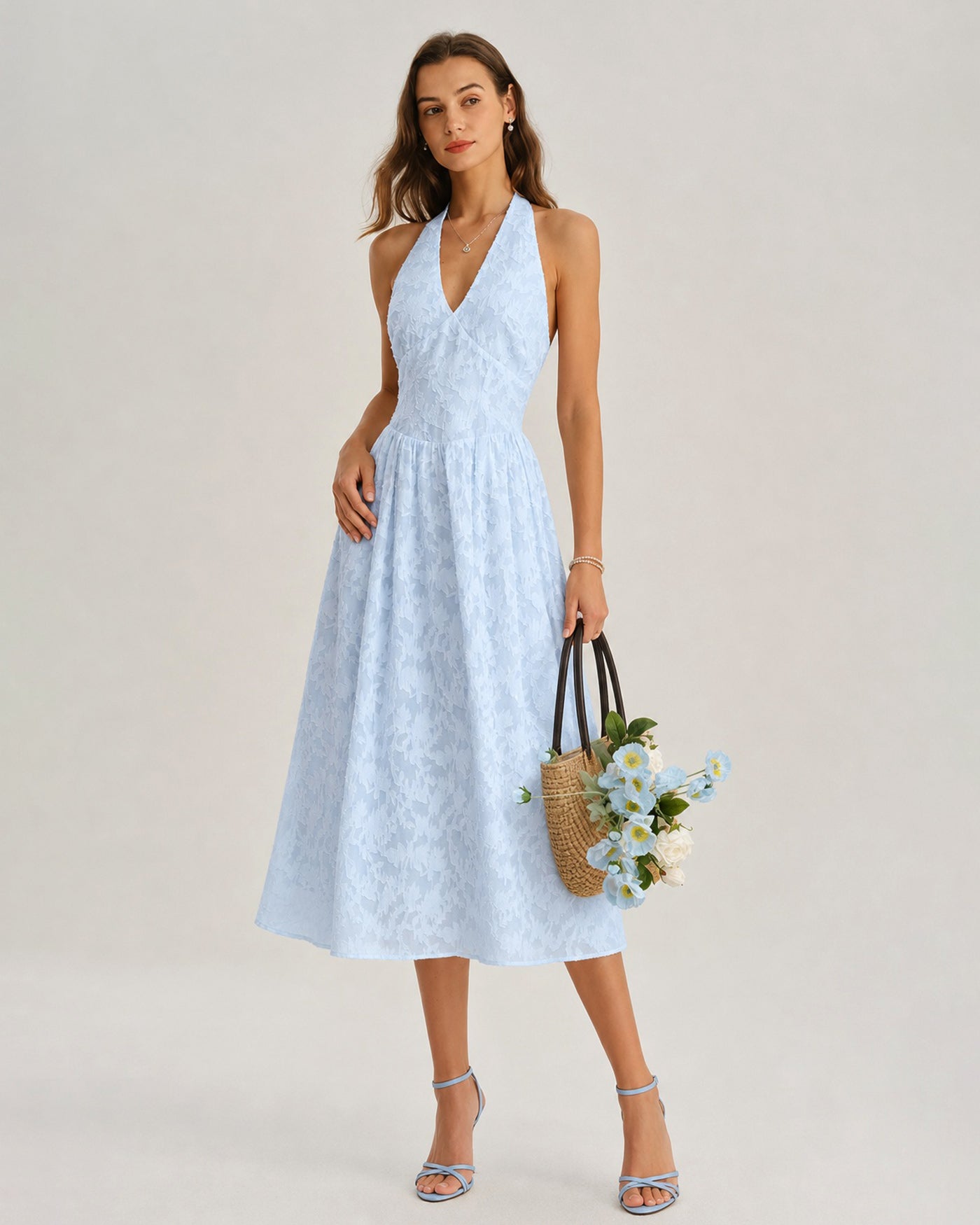 Blue Halter Tie Jacquard Midi Dress