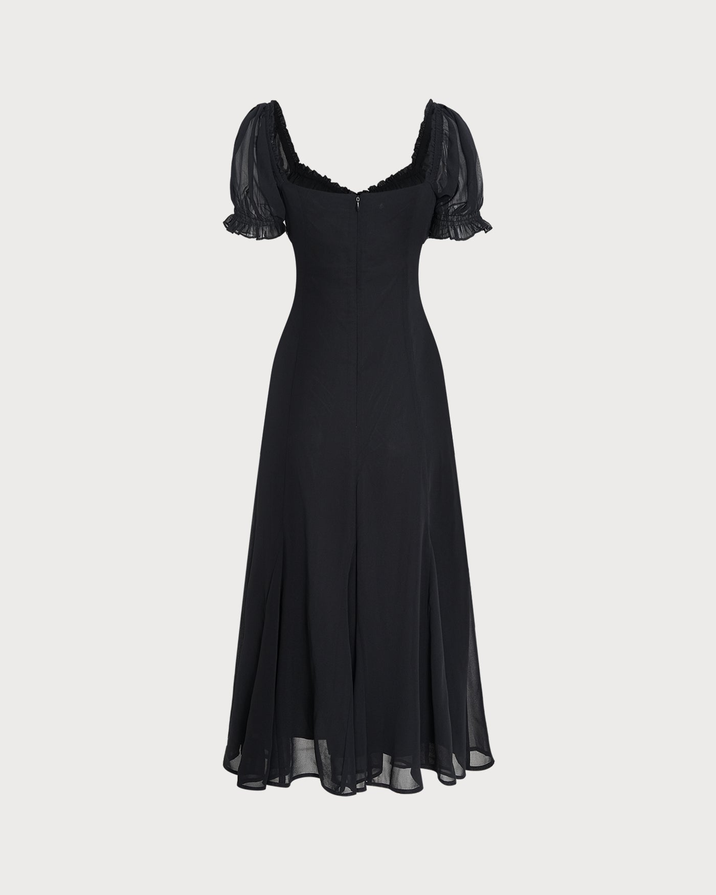 Black V Neck Puffed Sleeve Midi Dress