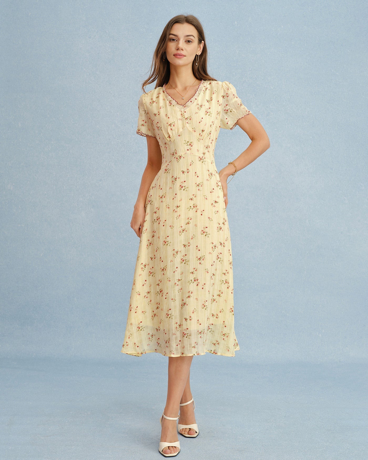 Yellow V Neck Floral Tunic Midi Dress