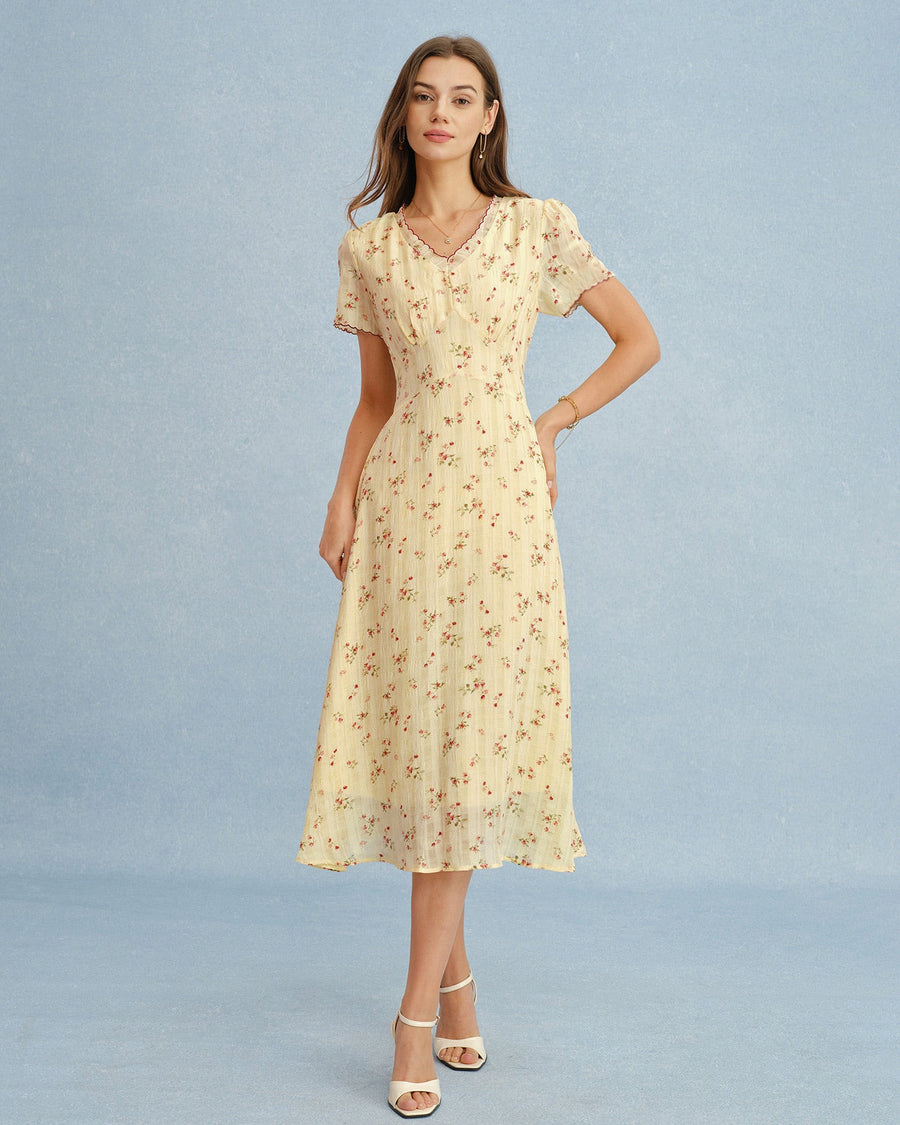 Yellow V Neck Floral Tunic Midi Dress